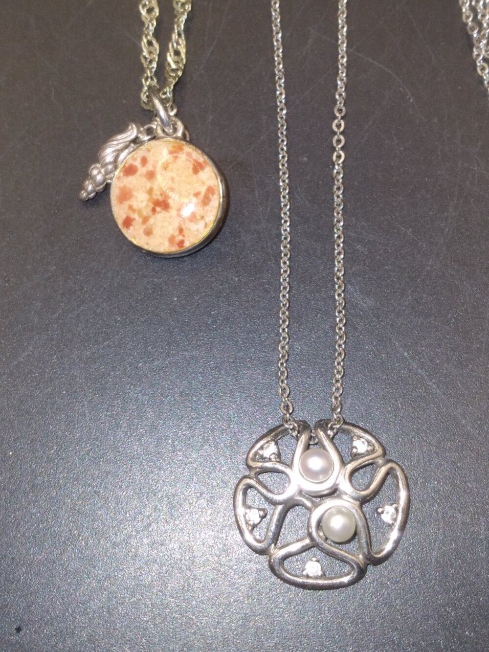 2 Sterling Silver 925 Neckaces with Pendants Pearls & Stone